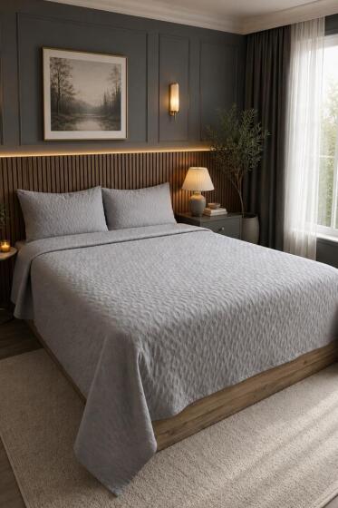 Powderlove 3 Parça Çift Kişilik Yatak Örtüsü 235x250 cm Gri - Çeyiz Diyarı