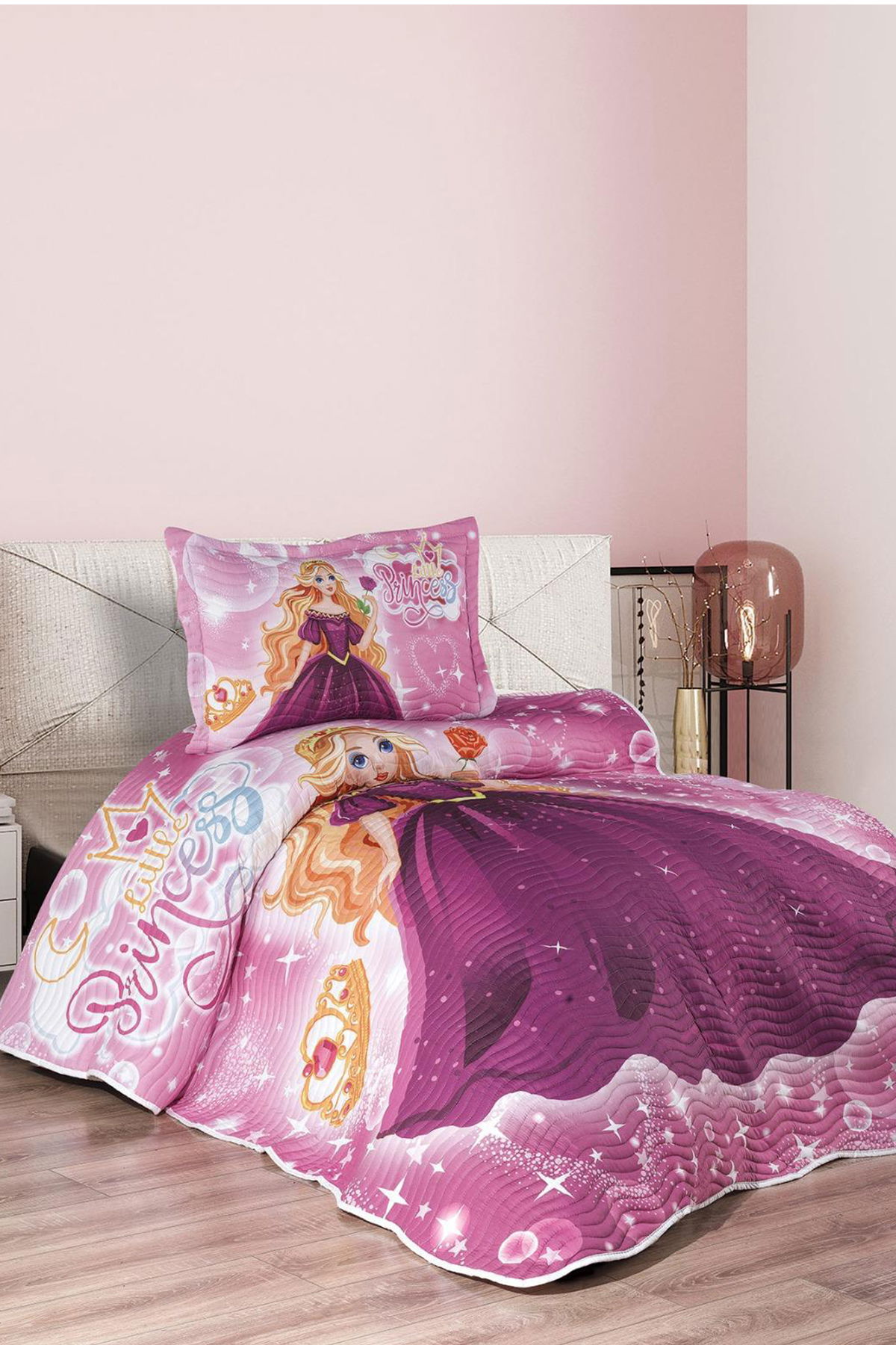 Prenses Genç ve Çocuk Baskılı Tek Kişilik Yatak Örtüsü Pudra - 1