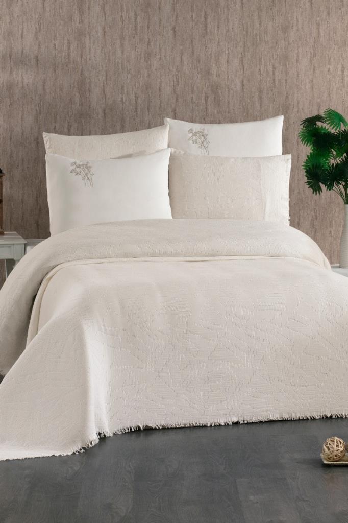 Relax 7 Parça %100 Pamuk Çift Kişilik Pikeli Nevresim Takımı Ekru - 1