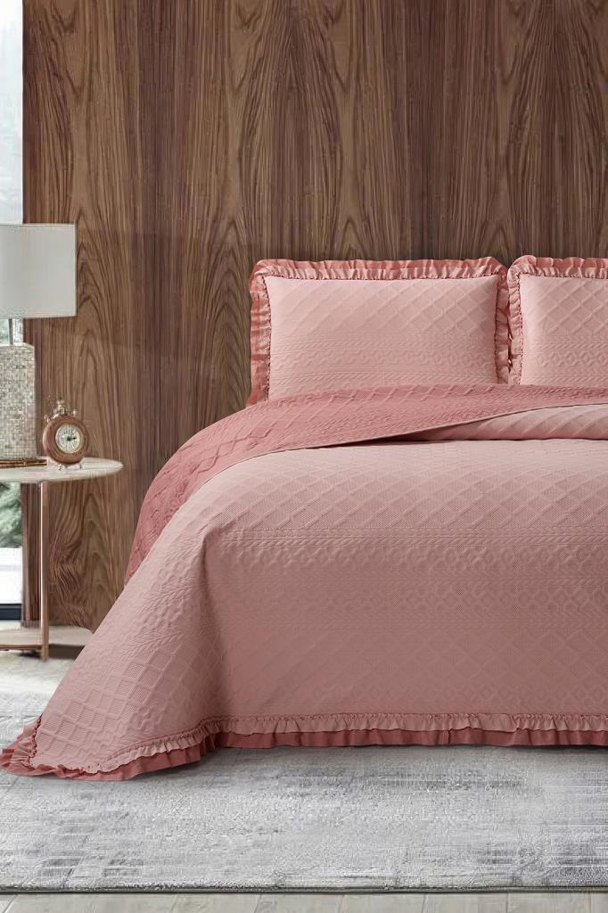 Roma Elyaf Dolgulu Çift Kişilik 240x260 Cm Yatak Örtüsü Pudra - 1