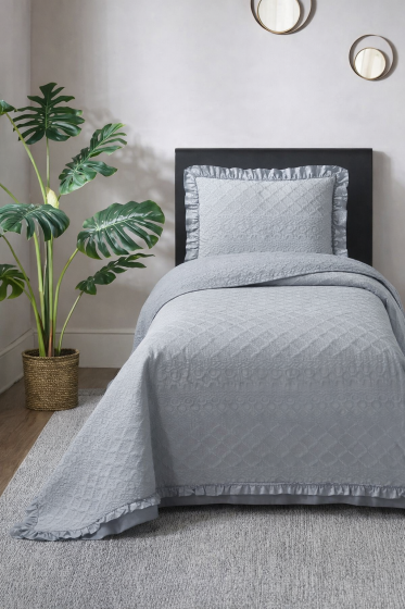 Roma Elyaf Dolgulu Tek Kişilik 180x240 Cm Yatak Örtüsü Gri - Çeyiz Diyarı