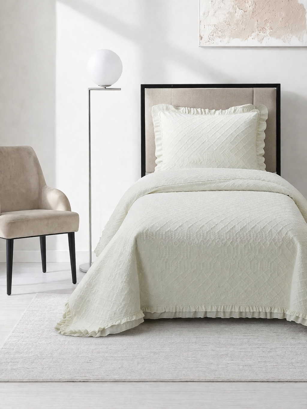 Roma Elyaf Dolgulu Tek Kişilik 180x240 Cm Yatak Örtüsü Krem - 1