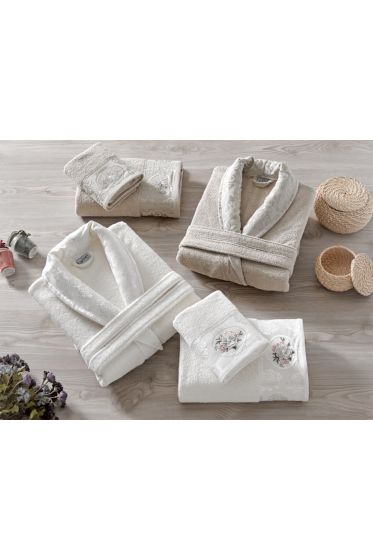Rosel Bukle Jakarlı Aile Bornoz Takımı Cappucino Krem - Çeyiz Diyarı
