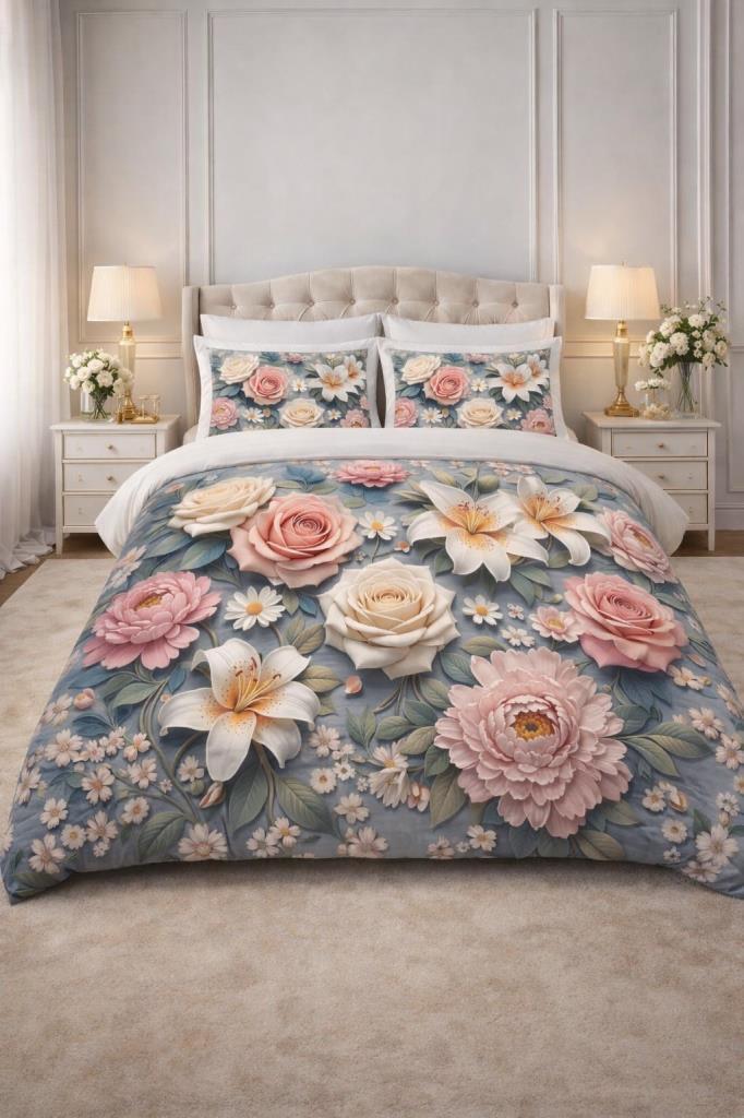 Roselle 5D Baskılı %100 Pamuklu Dört Mevsim Çift Kişilik Nevresim Takımı - 1