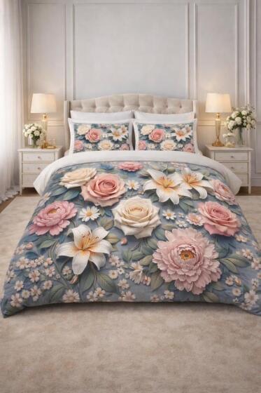 Roselle 5D Baskılı %100 Pamuklu Dört Mevsim Çift Kişilik Nevresim Takımı - Çeyiz Diyarı