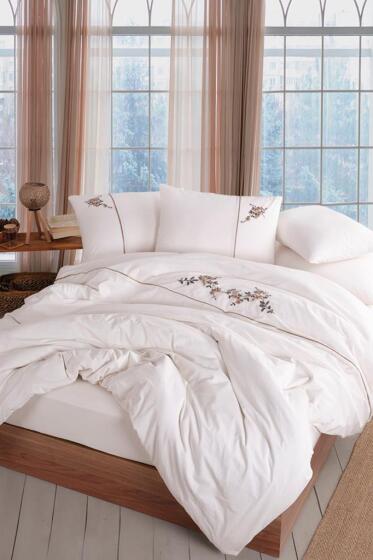 Roya 6 Parça %100 Pamuk Çift Kişilik Nevresim Takımı Bej - Çeyiz Diyarı