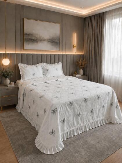 Ruffle Artemis Nakışlı Şönil 3 Parça Çift Kişilik Yatak Örtüsü Gri - Çeyiz Diyarı