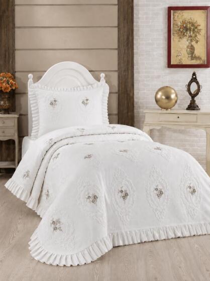 Ruffle Gardenlove Nakışlı Şönil 2 Parça Tek Kişilik Yatak Örtüsü Bej - Çeyiz Diyarı