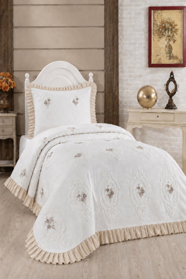 Ruffle Gardenlove Nakışlı Şönil 2 Parça Tek Kişilik Yatak Örtüsü Bej - Çeyiz Diyarı