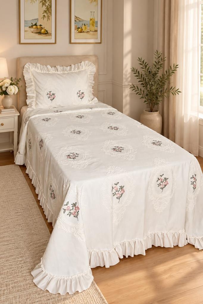 Ruffle Gardenlove Nakışlı Şönil 2 Parça Tek Kişilik Yatak Örtüsü Krem - 1