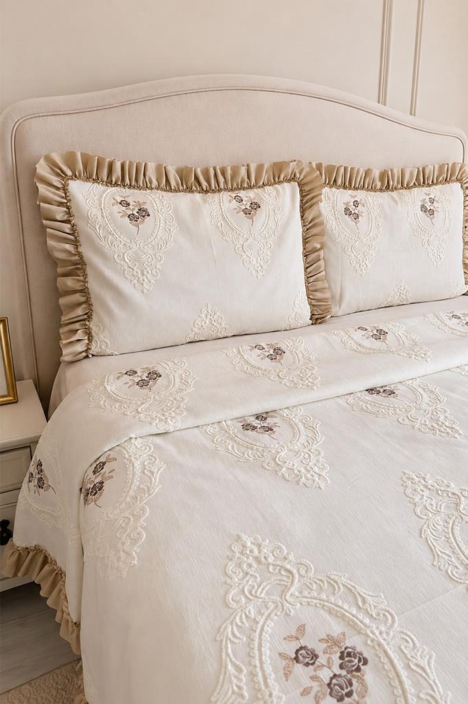 Ruffle Gardenlove Nakışlı Şönil 3 Parça Çift Kişilik Yatak Örtüsü Bej - 2