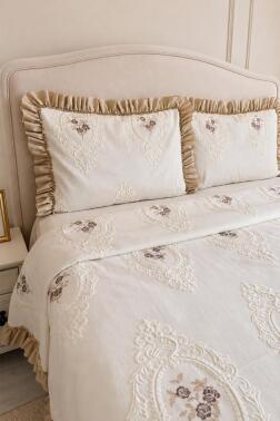 Ruffle Gardenlove Nakışlı Şönil 3 Parça Çift Kişilik Yatak Örtüsü Bej - 2
