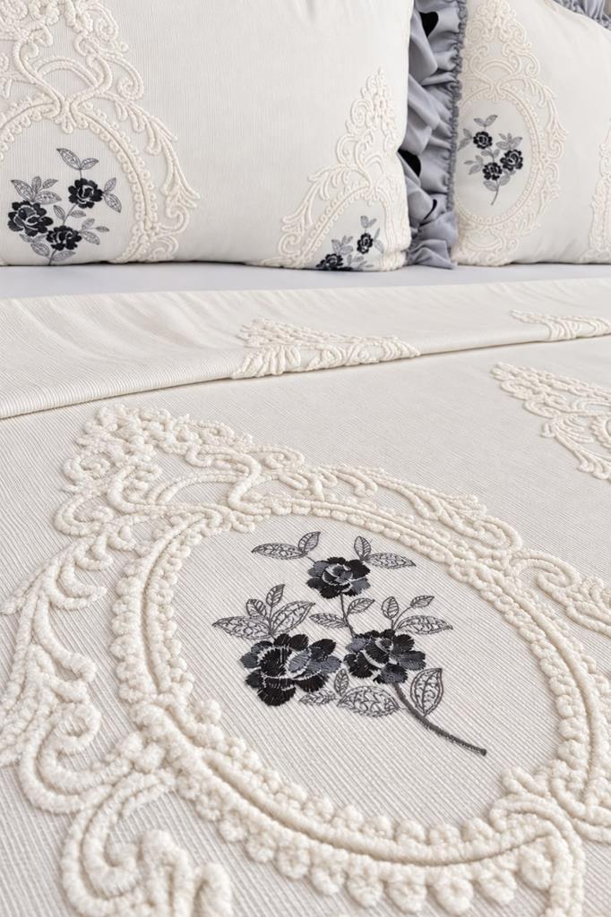 Ruffle Gardenlove Nakışlı Şönil 3 Parça Çift Kişilik Yatak Örtüsü Gri - 2