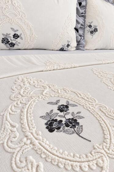 Ruffle Gardenlove Nakışlı Şönil 3 Parça Çift Kişilik Yatak Örtüsü Gri - Çeyiz Diyarı (1)