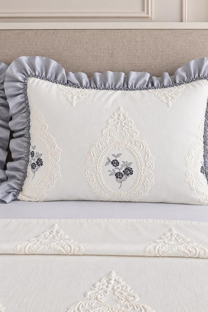 Ruffle Gardenlove Nakışlı Şönil 3 Parça Çift Kişilik Yatak Örtüsü Gri - 3