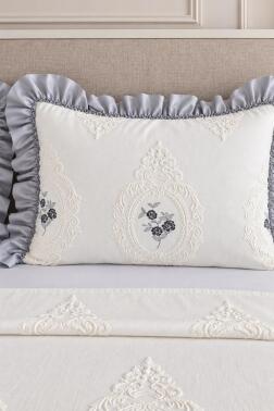 Ruffle Gardenlove Nakışlı Şönil 3 Parça Çift Kişilik Yatak Örtüsü Gri - 3