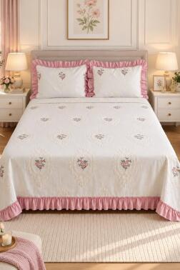 Ruffle Gardenlove Nakışlı Şönil 3 Parça Çift Kişilik Yatak Örtüsü Pudra - 1