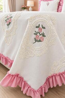Ruffle Gardenlove Nakışlı Şönil 3 Parça Çift Kişilik Yatak Örtüsü Pudra - 2