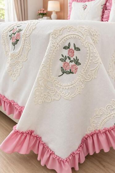 Ruffle Gardenlove Nakışlı Şönil 3 Parça Çift Kişilik Yatak Örtüsü Pudra - Çeyiz Diyarı (1)