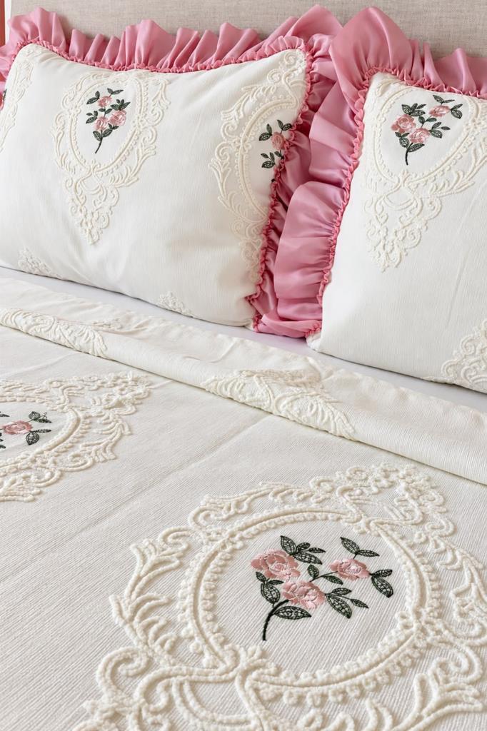 Ruffle Gardenlove Nakışlı Şönil 3 Parça Çift Kişilik Yatak Örtüsü Pudra - 3