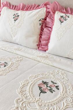 Ruffle Gardenlove Nakışlı Şönil 3 Parça Çift Kişilik Yatak Örtüsü Pudra - 3