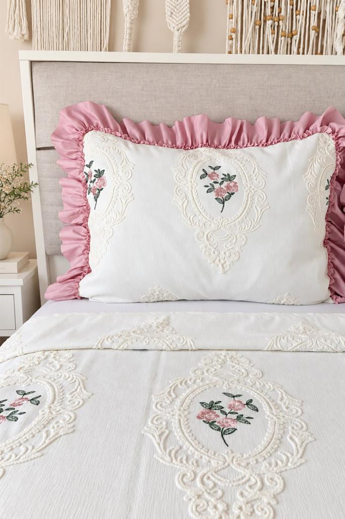 Ruffle Gardenlove Nakışlı Şönil 3 Parça Çift Kişilik Yatak Örtüsü Pudra - 4