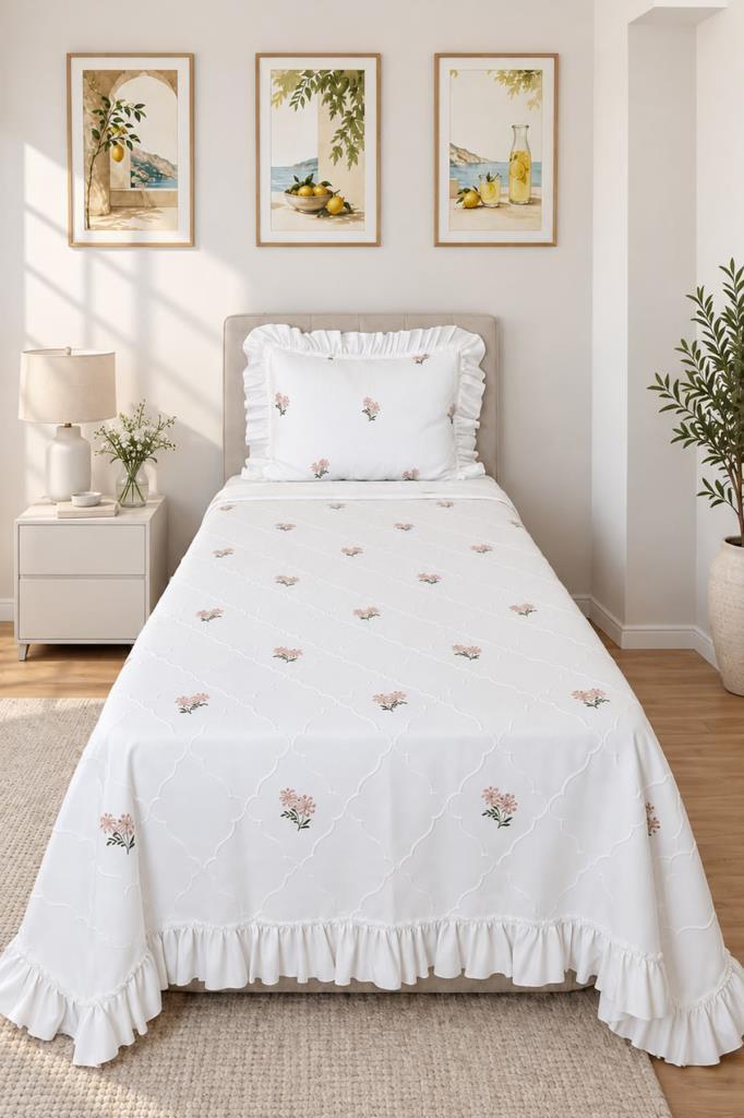Ruffle Nevra Nakışlı Şönil 2 Parça Tek Kişilik Yatak Örtüsü - 3