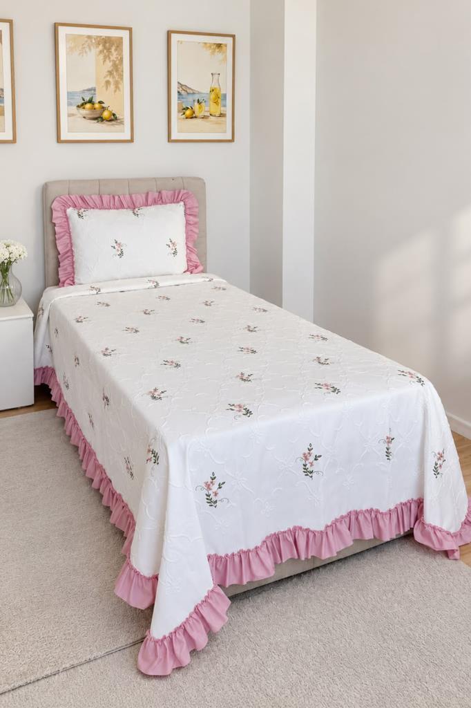 Ruffle Pinkrose Nakışlı Şönil 2 Parça Tek Kişilik Yatak Örtüsü Krem - 1