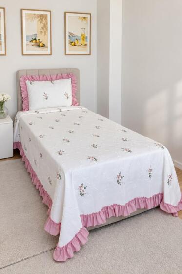 Ruffle Pinkrose Nakışlı Şönil 2 Parça Tek Kişilik Yatak Örtüsü Krem - Çeyiz Diyarı