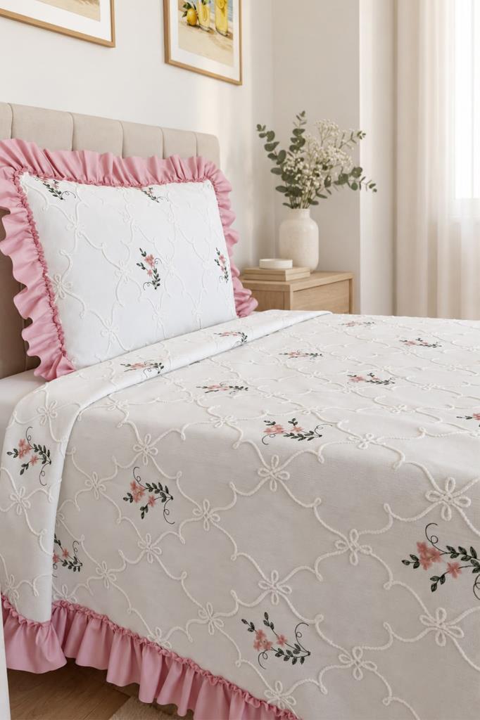 Ruffle Pinkrose Nakışlı Şönil 2 Parça Tek Kişilik Yatak Örtüsü Krem - 2