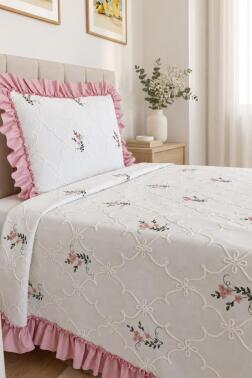 Ruffle Pinkrose Nakışlı Şönil 2 Parça Tek Kişilik Yatak Örtüsü Krem - 2