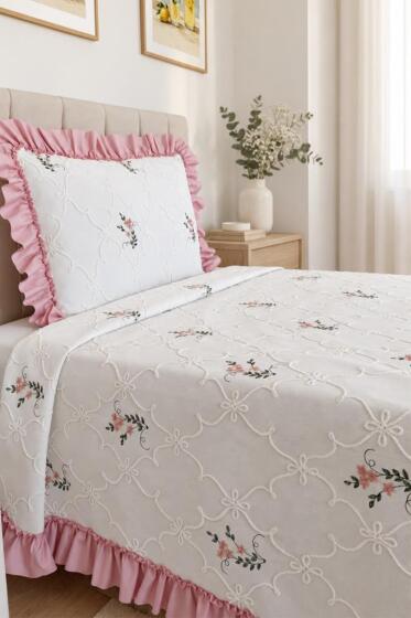 Ruffle Pinkrose Nakışlı Şönil 2 Parça Tek Kişilik Yatak Örtüsü Krem - Çeyiz Diyarı (1)