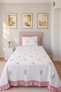 Ruffle Pinkrose Nakışlı Şönil 2 Parça Tek Kişilik Yatak Örtüsü Krem - 3