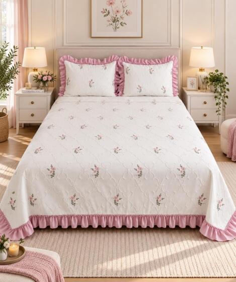 Ruffle Pinkrose Nakışlı Şönil 3 Parça Çift Kişilik Yatak Örtüsü Pudra - Çeyiz Diyarı