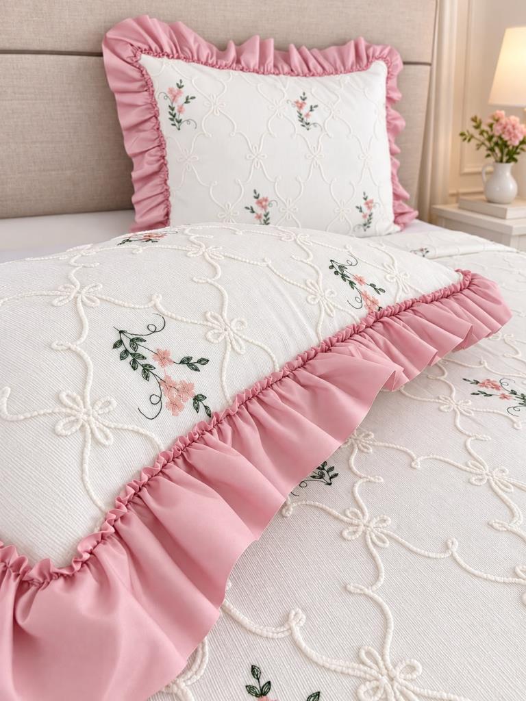 Ruffle Pinkrose Nakışlı Şönil 3 Parça Çift Kişilik Yatak Örtüsü Pudra - 2