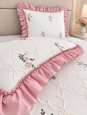 Ruffle Pinkrose Nakışlı Şönil 3 Parça Çift Kişilik Yatak Örtüsü Pudra - 2
