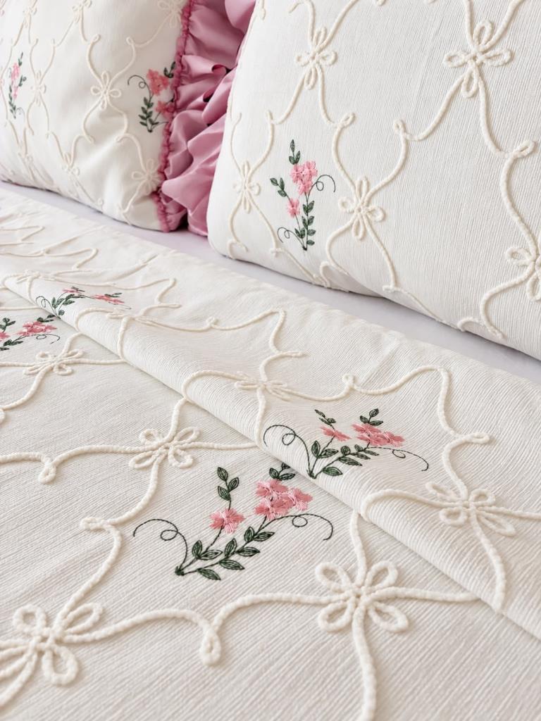 Ruffle Pinkrose Nakışlı Şönil 3 Parça Çift Kişilik Yatak Örtüsü Pudra - 3