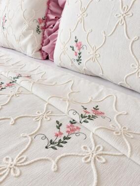 Ruffle Pinkrose Nakışlı Şönil 3 Parça Çift Kişilik Yatak Örtüsü Pudra - 3