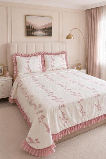 Ruffle Rose Nakışlı Şönil 3 Parça Çift Kişilik Yatak Örtüsü Krem Pudra - Çeyiz Diyarı