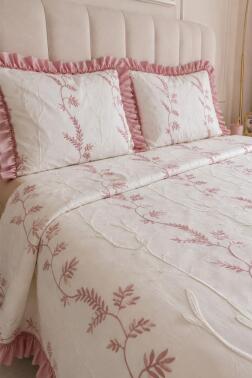 Ruffle Rose Nakışlı Şönil 3 Parça Çift Kişilik Yatak Örtüsü Krem Pudra - 2