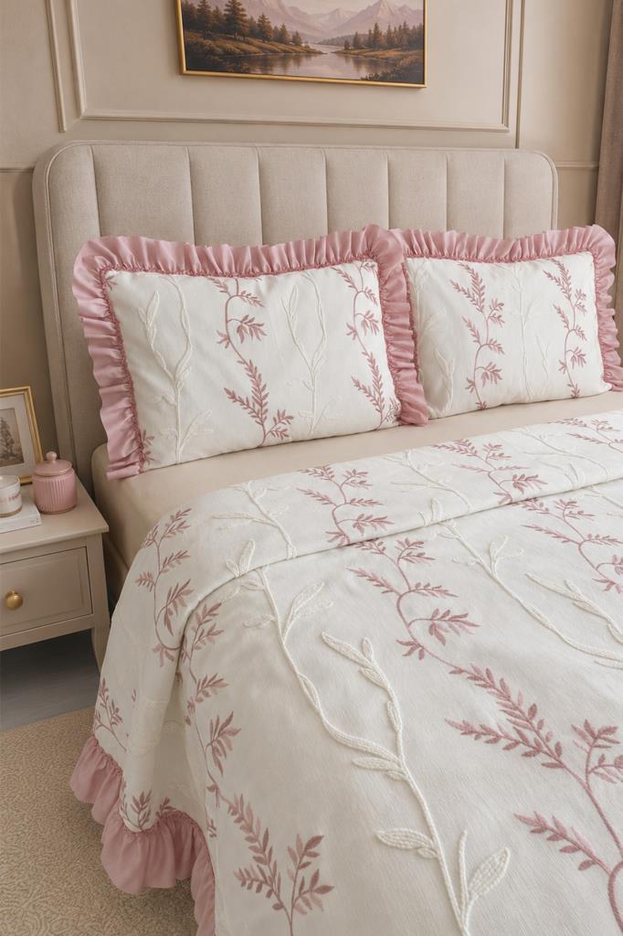 Ruffle Rose Nakışlı Şönil 3 Parça Çift Kişilik Yatak Örtüsü Krem Pudra - 3