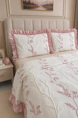 Ruffle Rose Nakışlı Şönil 3 Parça Çift Kişilik Yatak Örtüsü Krem Pudra - 3