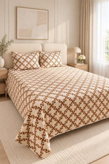 Rüzgargülü Kadife 250x250 cm Çift Kişilik Yatak Örtüsü Krem - Bej - Çeyiz Diyarı