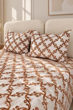 Rüzgargülü Kadife 250x250 cm Çift Kişilik Yatak Örtüsü Krem - Bej - 3