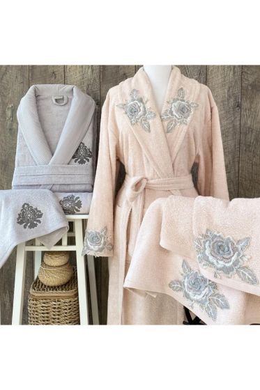 Sable Dantelli 6 Parça Bambu Bornoz Takımı Gri Pembe - Çeyiz Diyarı