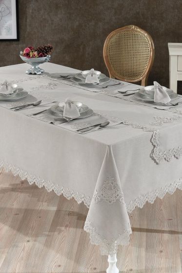 Sahra Fransız Dantelli Yemek Takımı - 26 Parça Gri - Çeyiz Diyarı