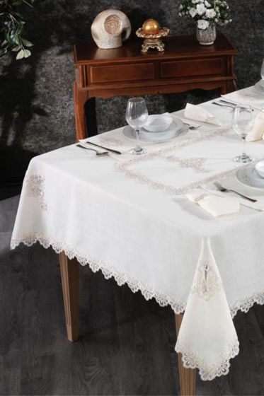 Sahra Fransız Dantelli Yemek Takımı - 26 Parça Krem - Çeyiz Diyarı