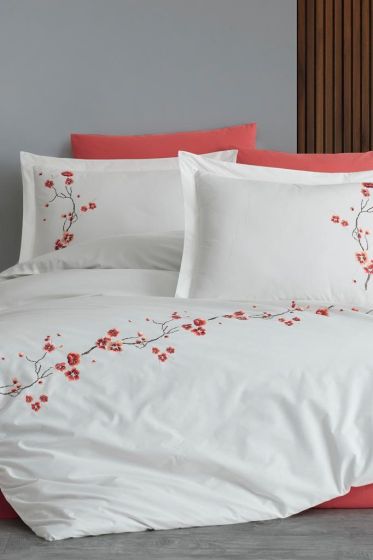 Sakura Nakışlı %100 Pamuk Çift Kişilik Nevresim Takımı Krem - Çeyiz Diyarı