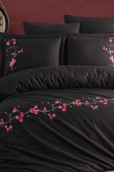 Sakura Nakışlı %100 Pamuk Çift Kişilik Nevresim Takımı Siyah - Çeyiz Diyarı
