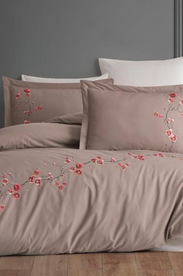 Sakura Nakışlı %100 Pamuk Çift Kişilik Nevresim Takımı Vizon - Çeyiz Diyarı